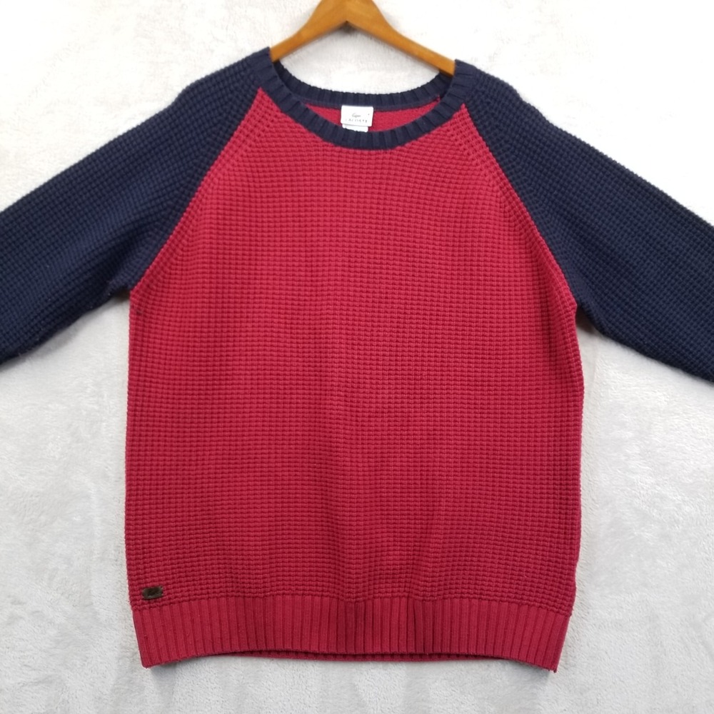 Lacoste Raglan Crew Pullover Sweater Red‎ Blue Wool and Cashmere Waffle Knit